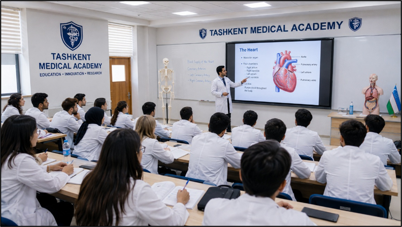 Indian students studying MBBS in Uzbekistan in a modern classroom