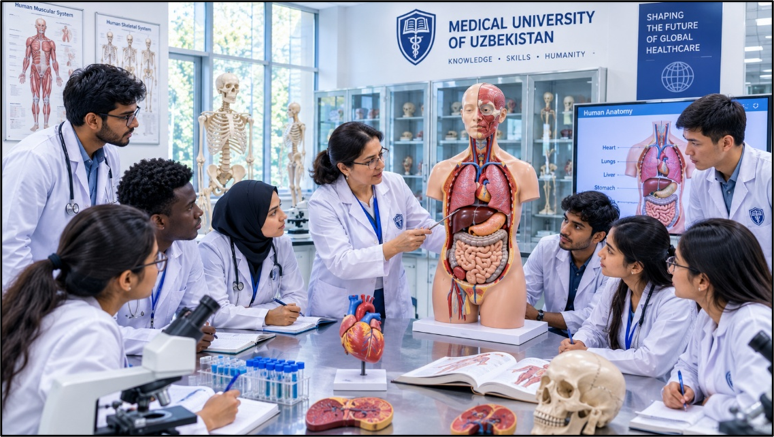 Students studying MBBS in Uzbekistan during a practical anatomy class